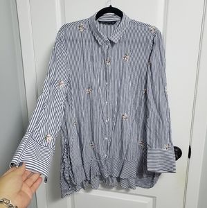 ZARA Striped Embroidered Floral Button Up Shirt Blouse